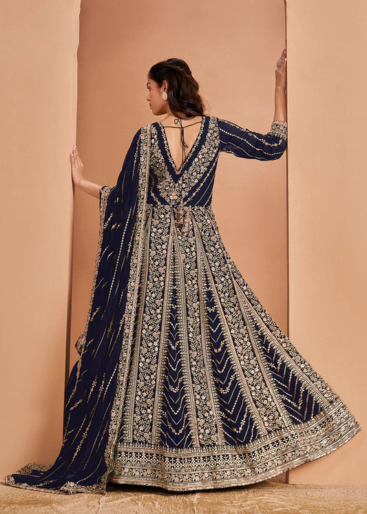 Navy blue color georgette gown for wedding
