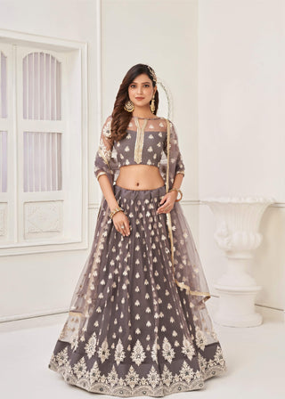 Grey color net lehenga choli for women online price