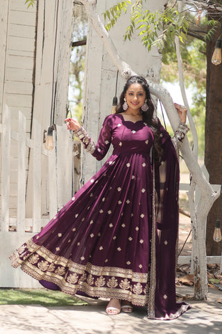 Wine heavy gown with dupatta