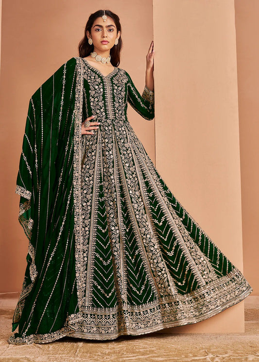 Dark green color georgette lehenga choli 