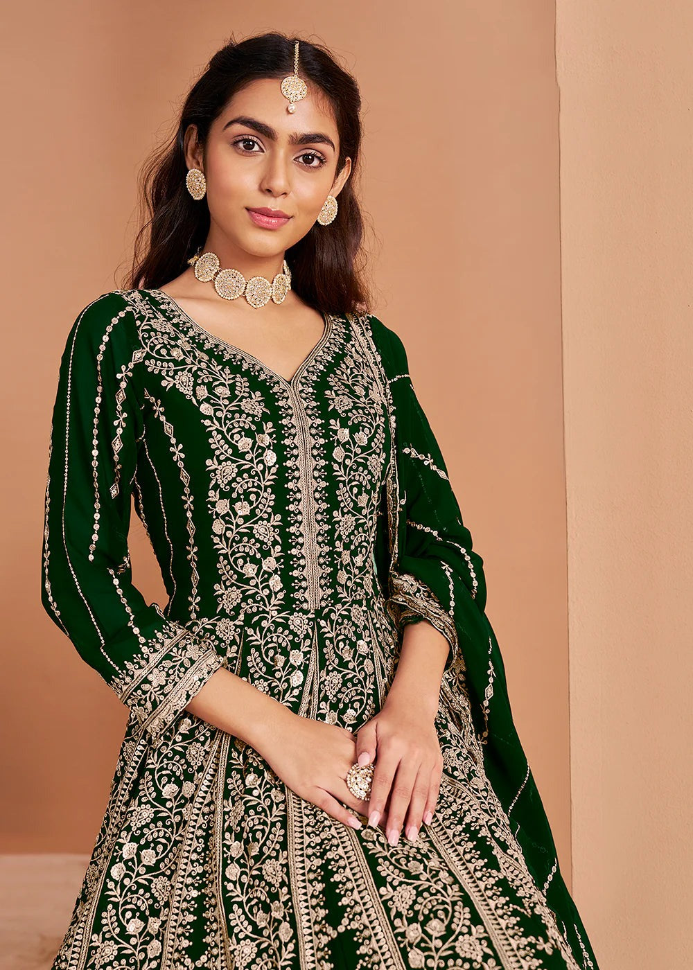 Dark green color georgette lehenga choli images