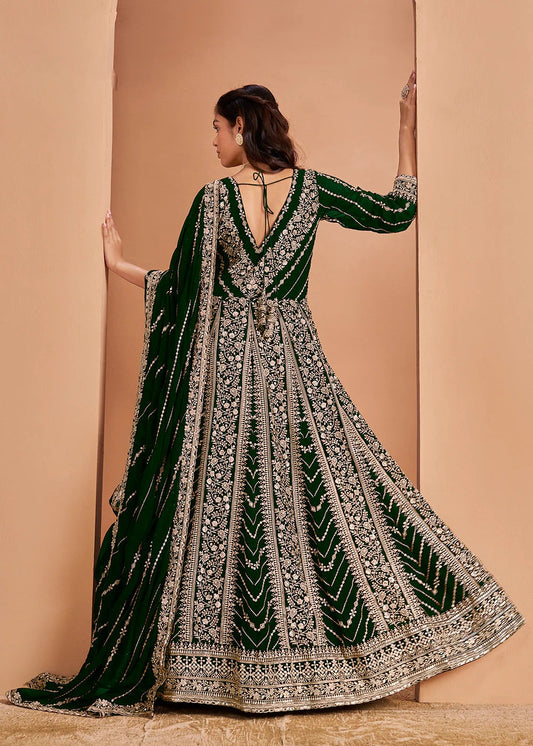 Dark green color georgette lehenga choli with dupatta