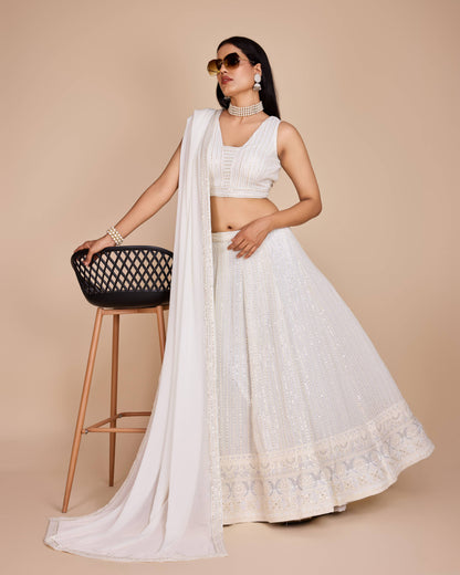 White color georgette lehenga choli with dupatta images