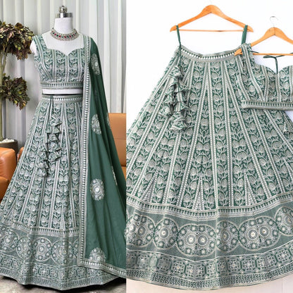 Green color georgette lehenga choli for women