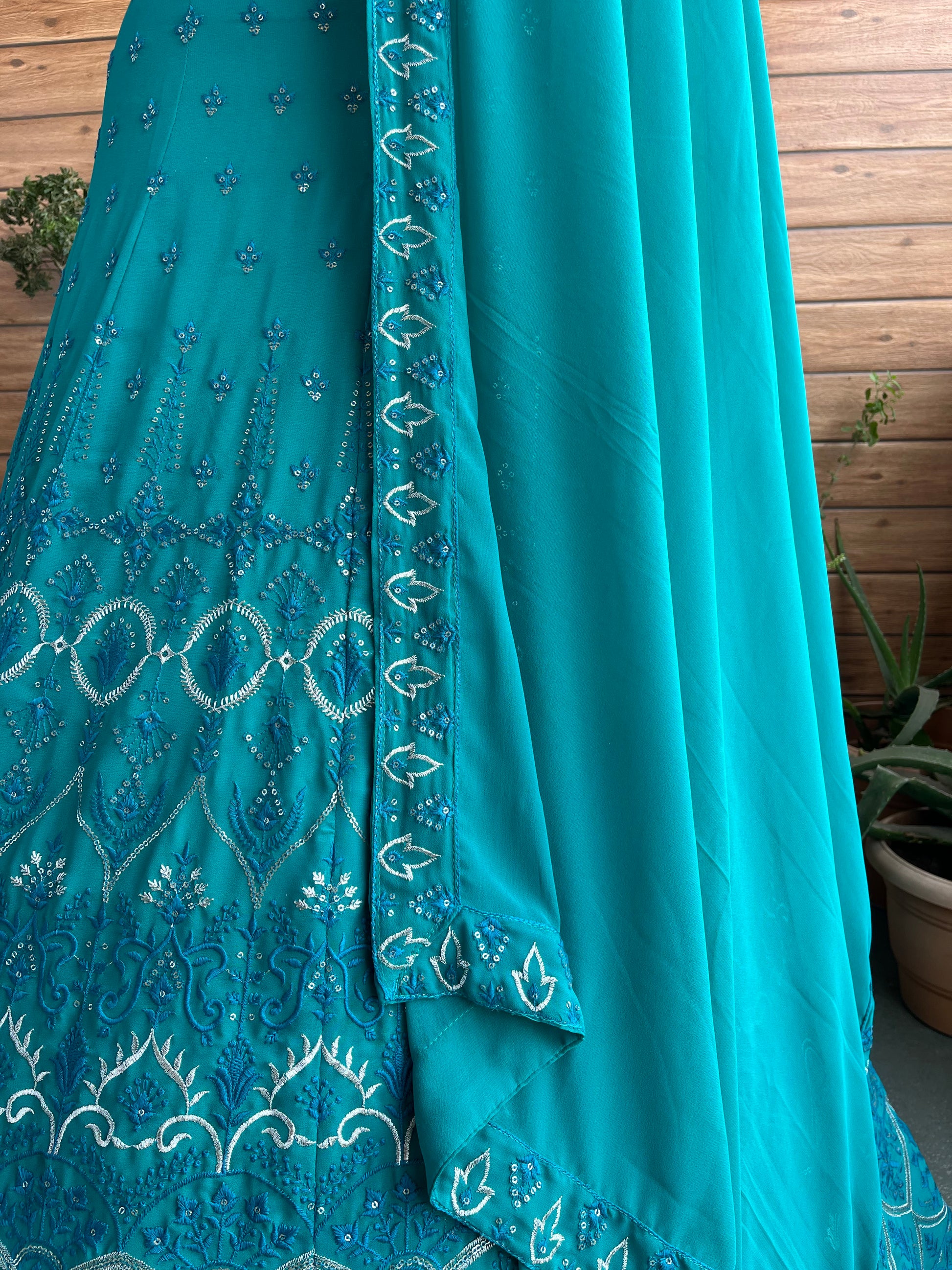 Rama color georgette lehenga choli with dupatta online shopping