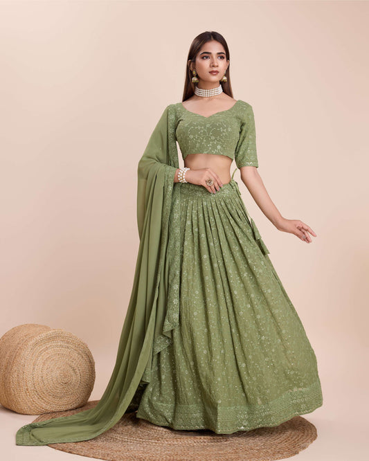 Green color georgette lehenga choli for women
