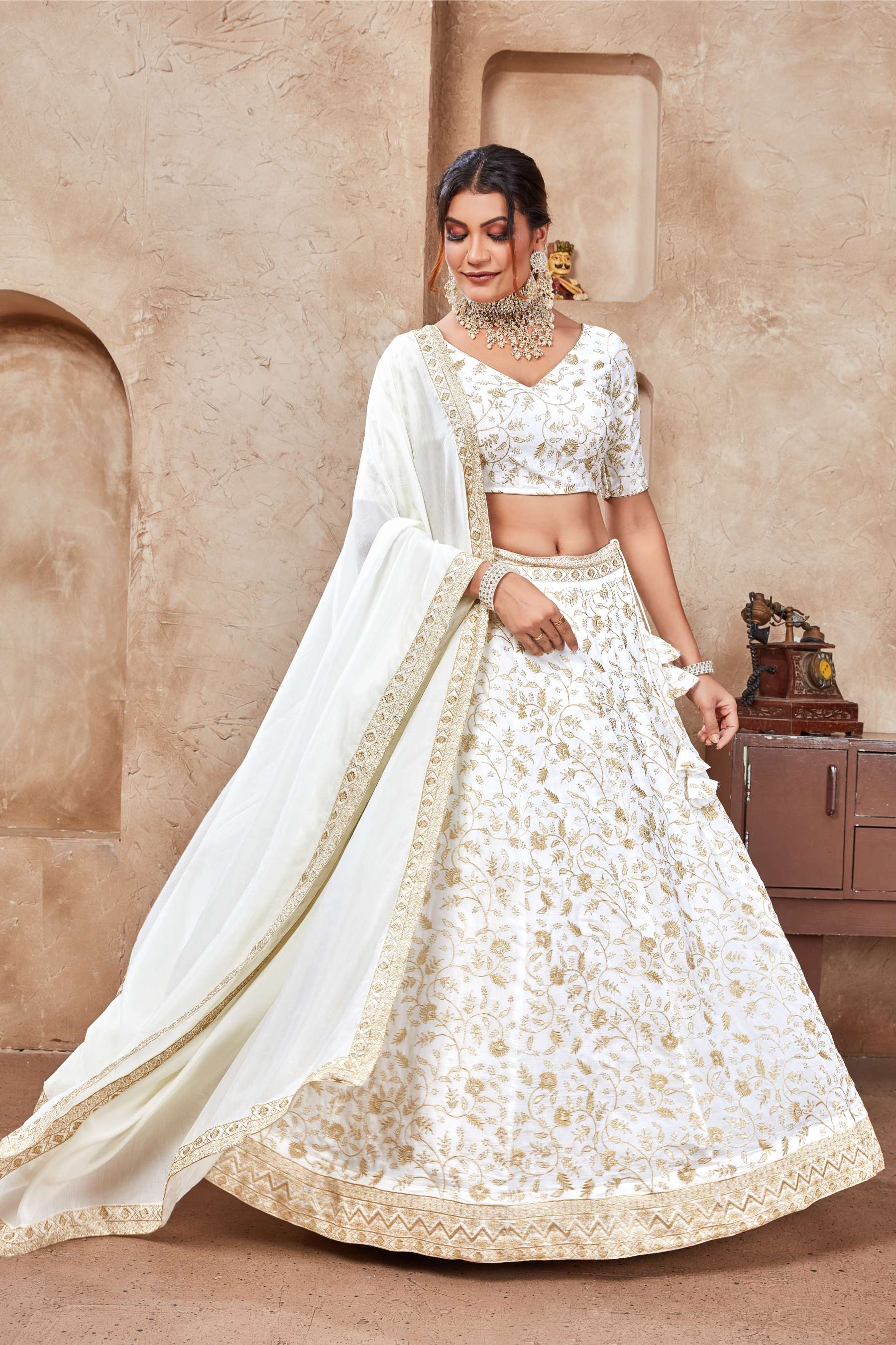 White color vichitra silk lehenga choli for women
