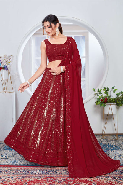 Red color georgette lehenga choli for women