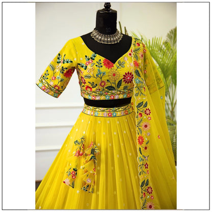 Yellow color crystal lehenga choli with dupatta price