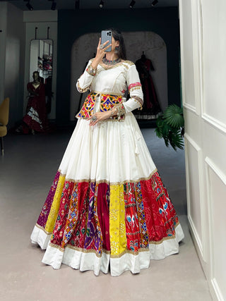 White rayon printed gamthi work chaniya choli online
