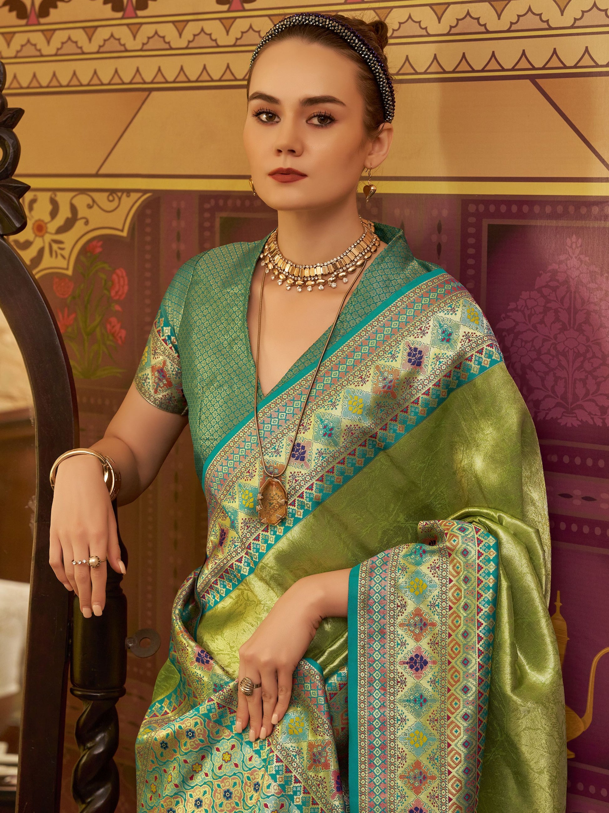 Green color tissue silk saree for women online