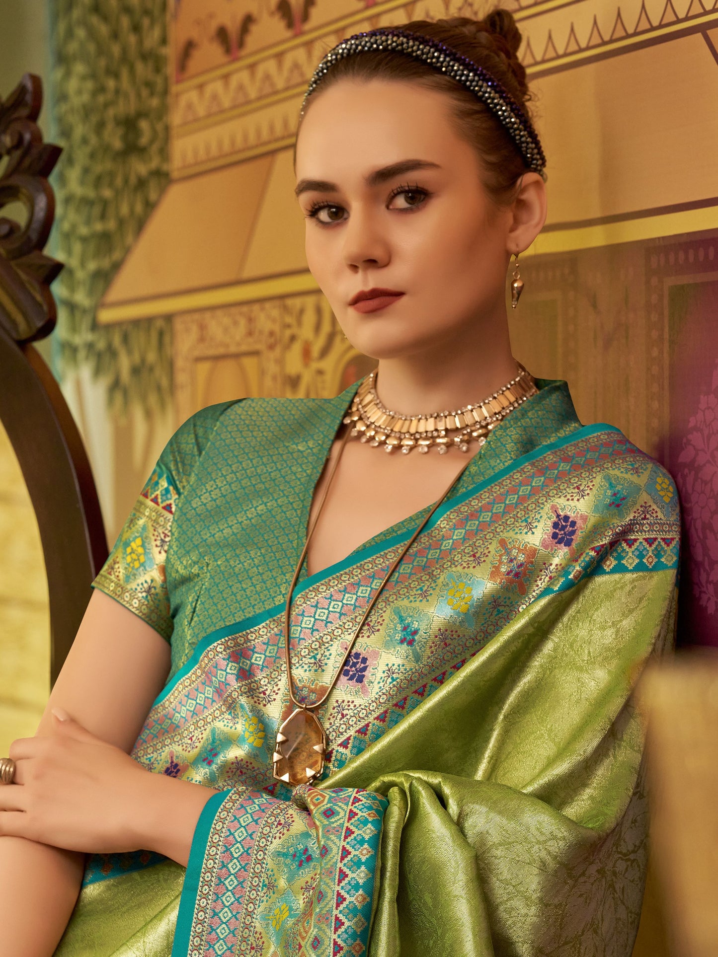Green color tissue silk saree for women price