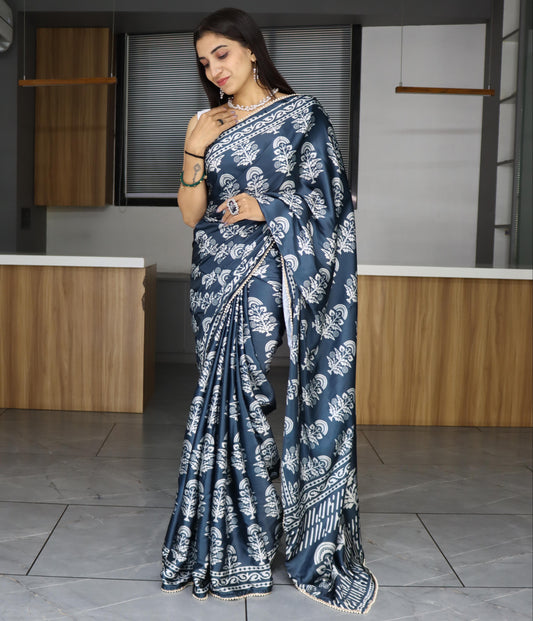 Light blue color japan satin saree for women
