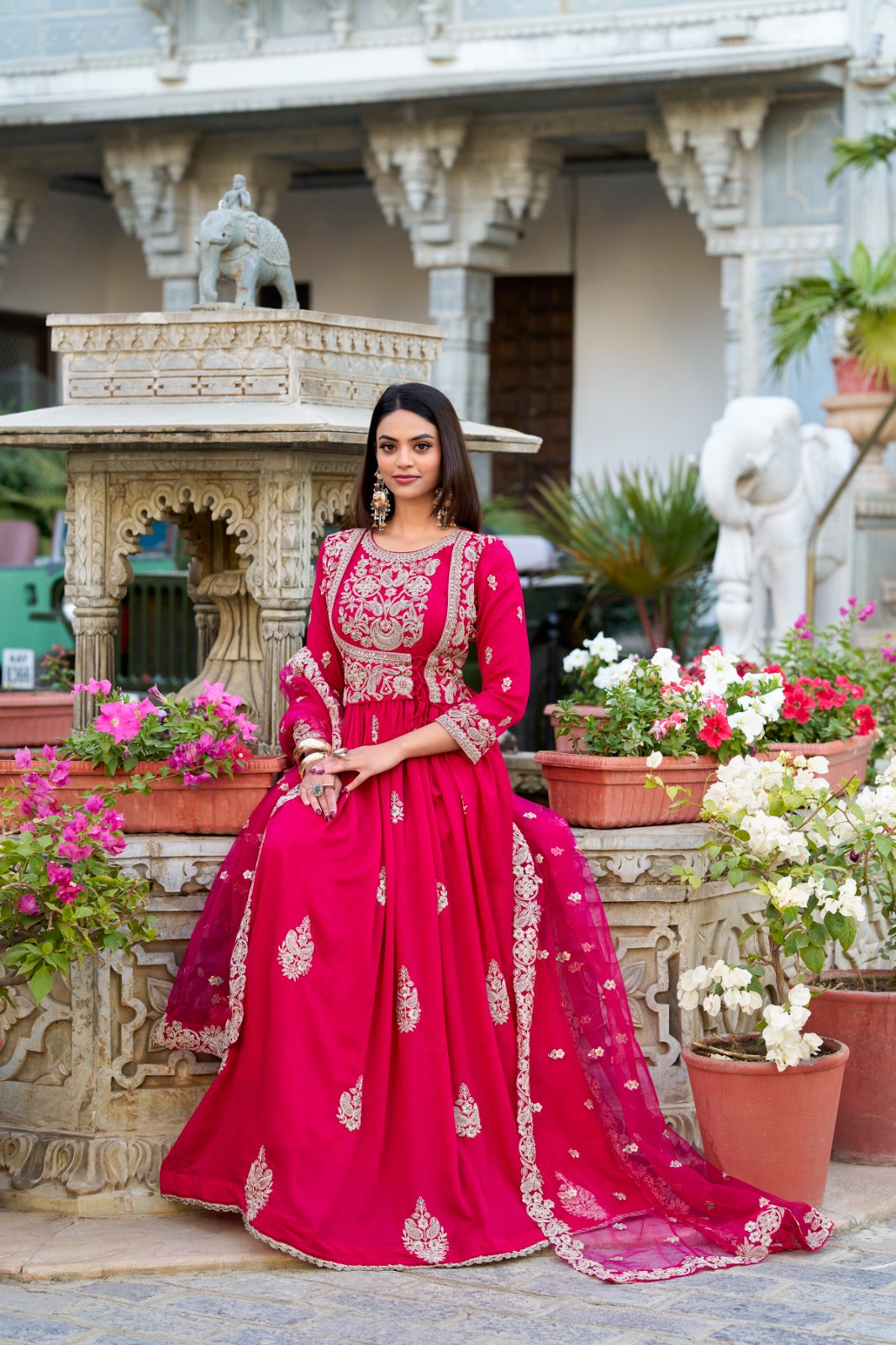 Pink color vichitra silk long gown with dupatta online
