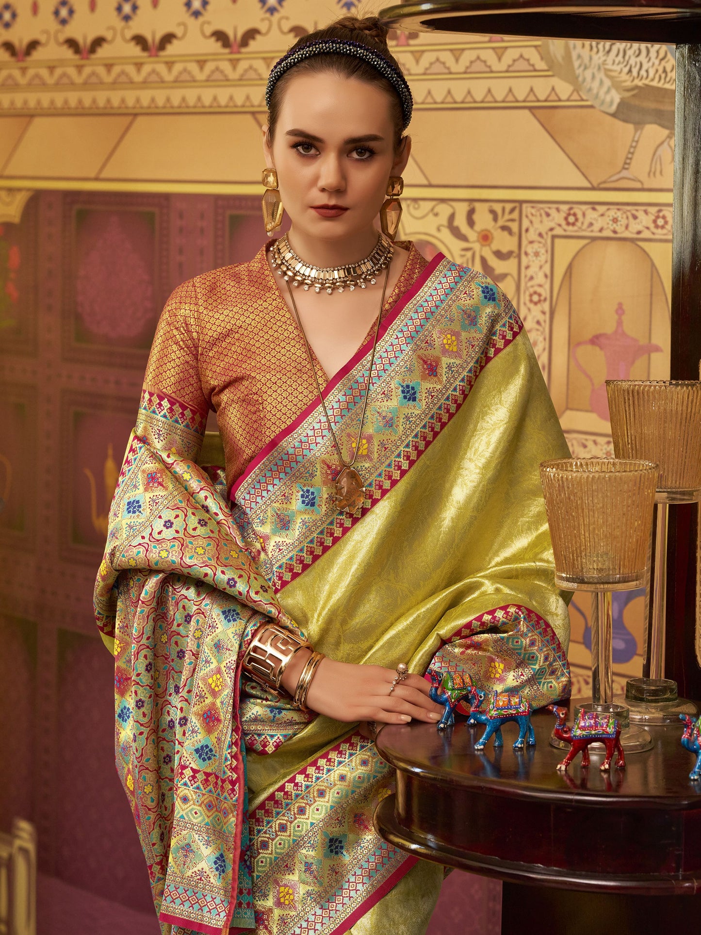 Yellow color tissue silk saree with blouse online