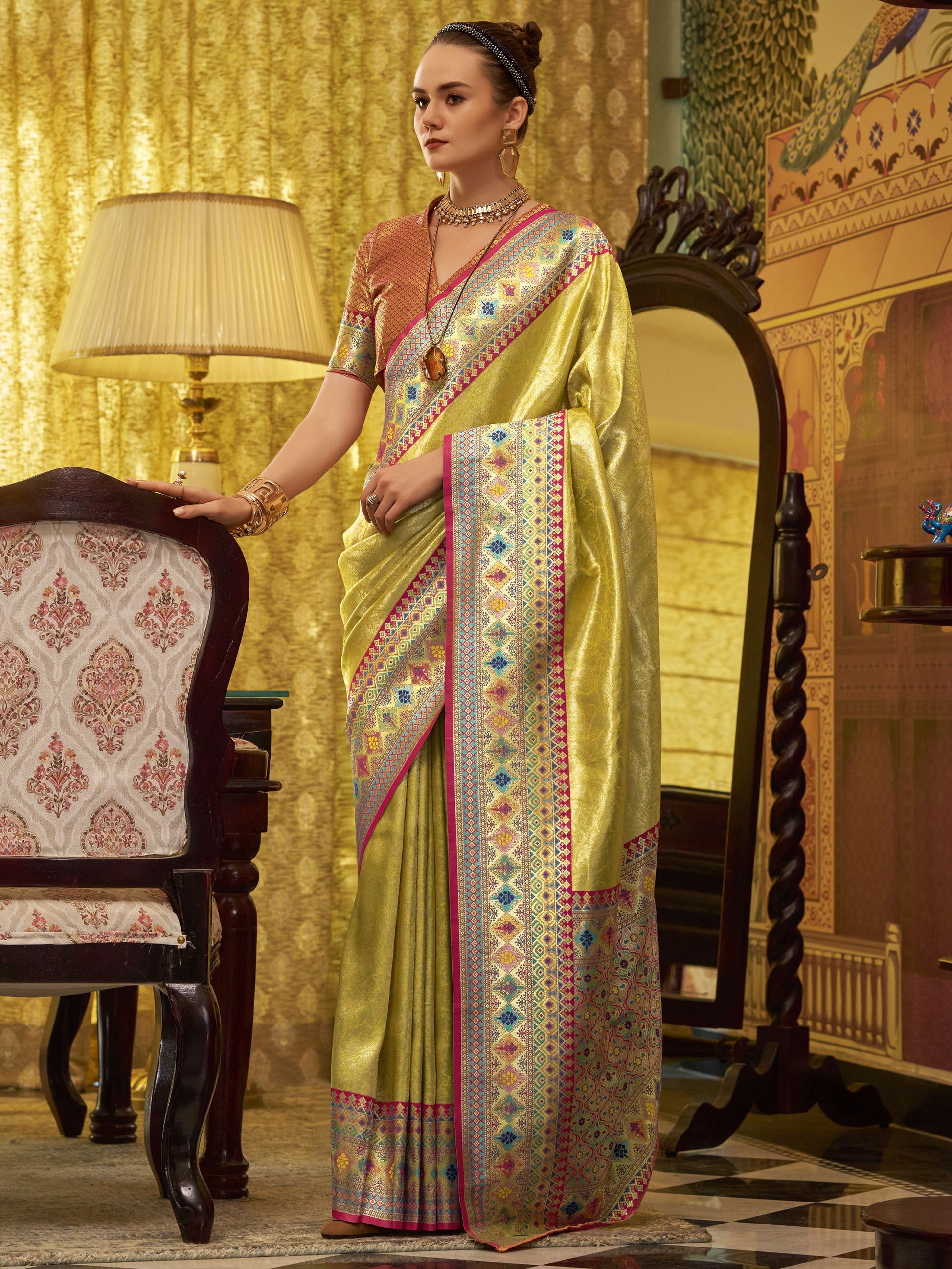 Yellow color tissue silk saree for women