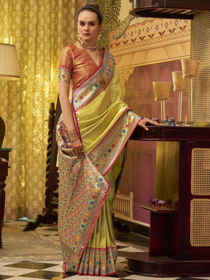 Yellow color tissue silk saree for wedding