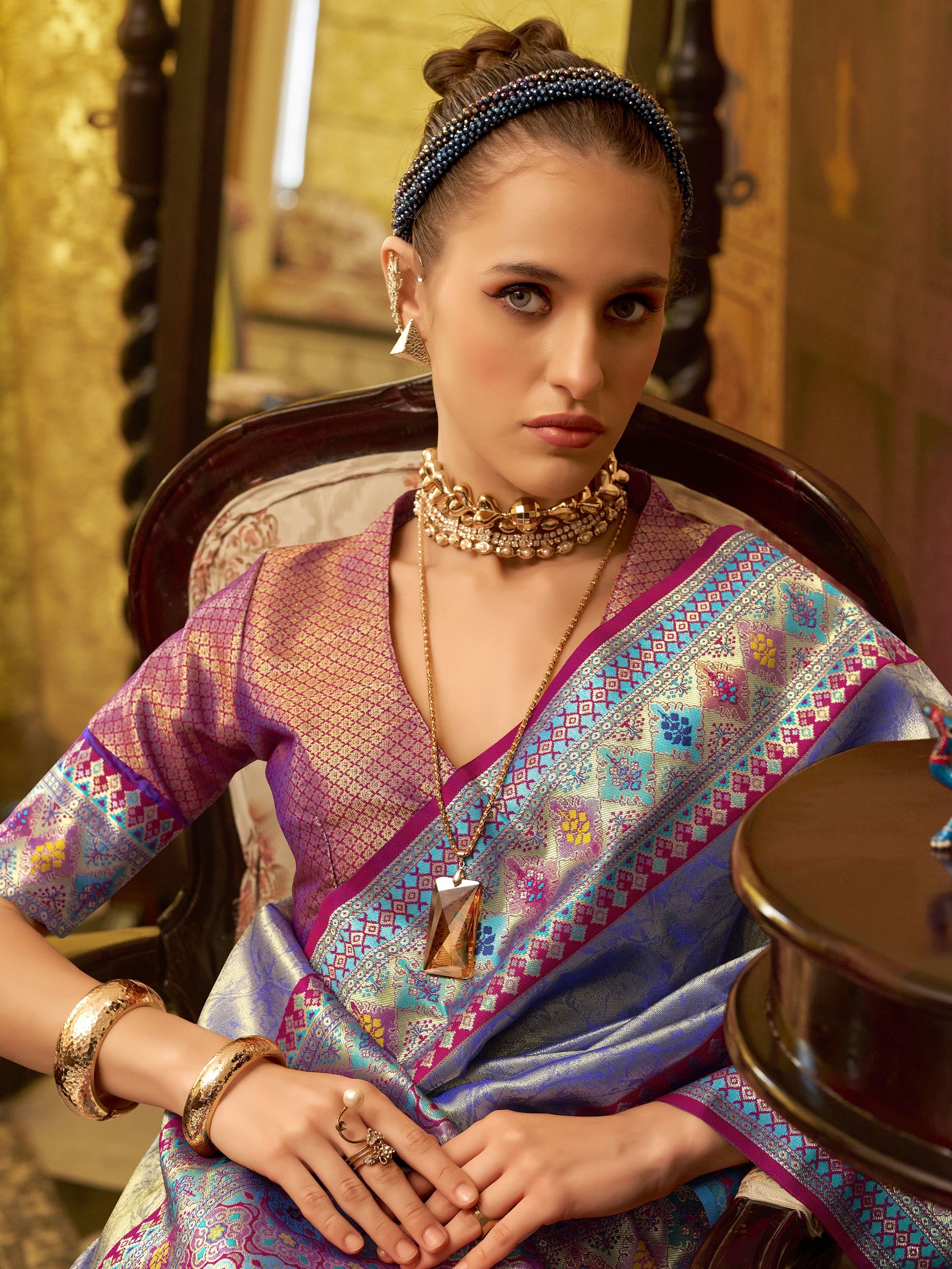 Purple color tissue silk saree for wedding