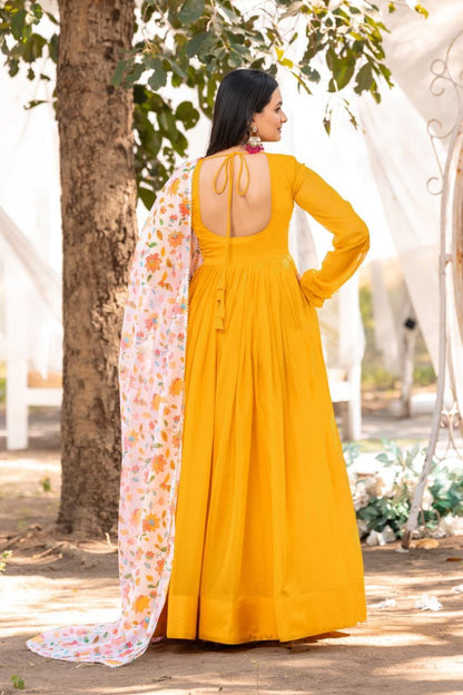 Yellow color soft organza long gown price