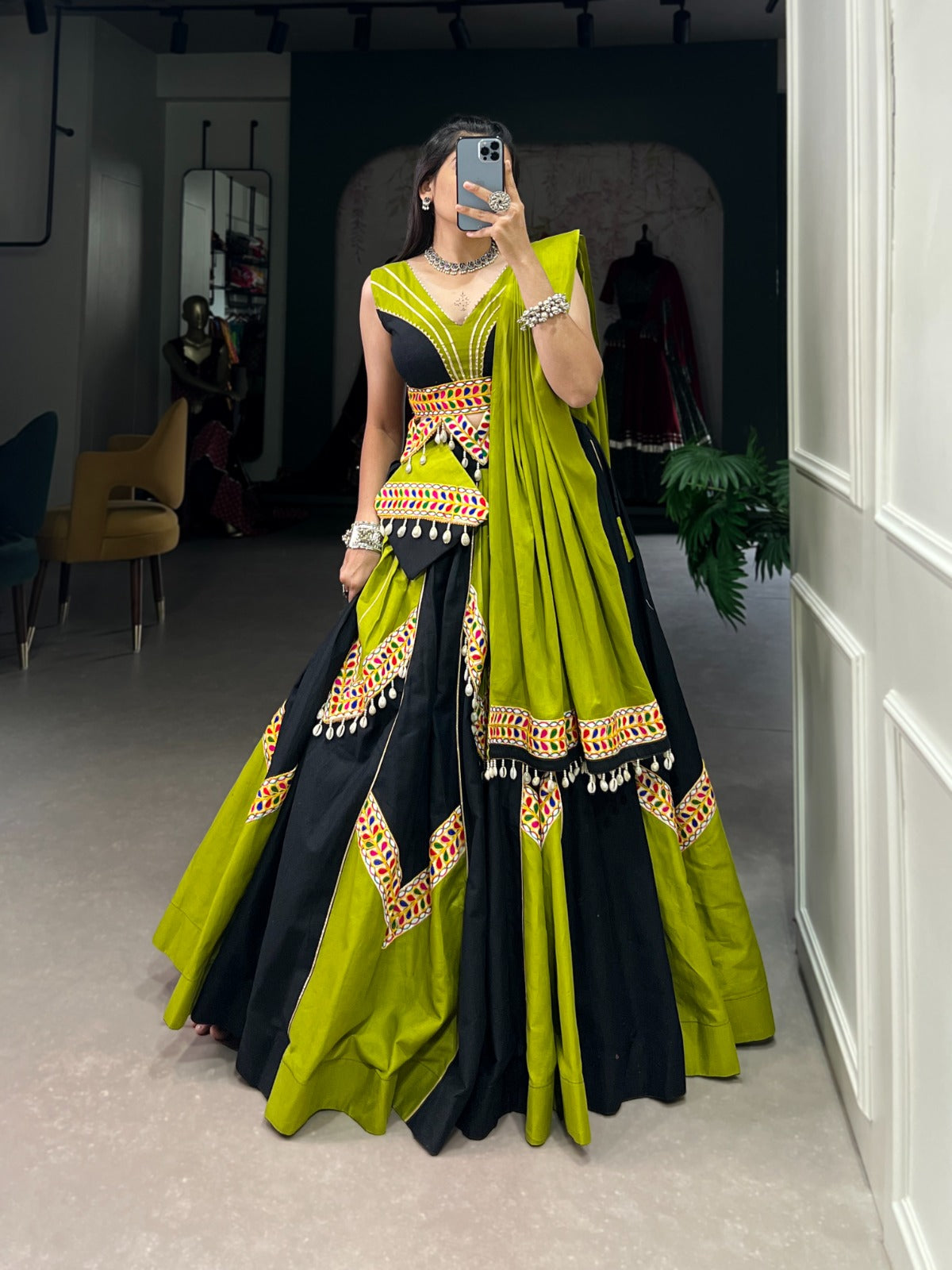 Parrot gamthi work and gota patti chaniya choli online