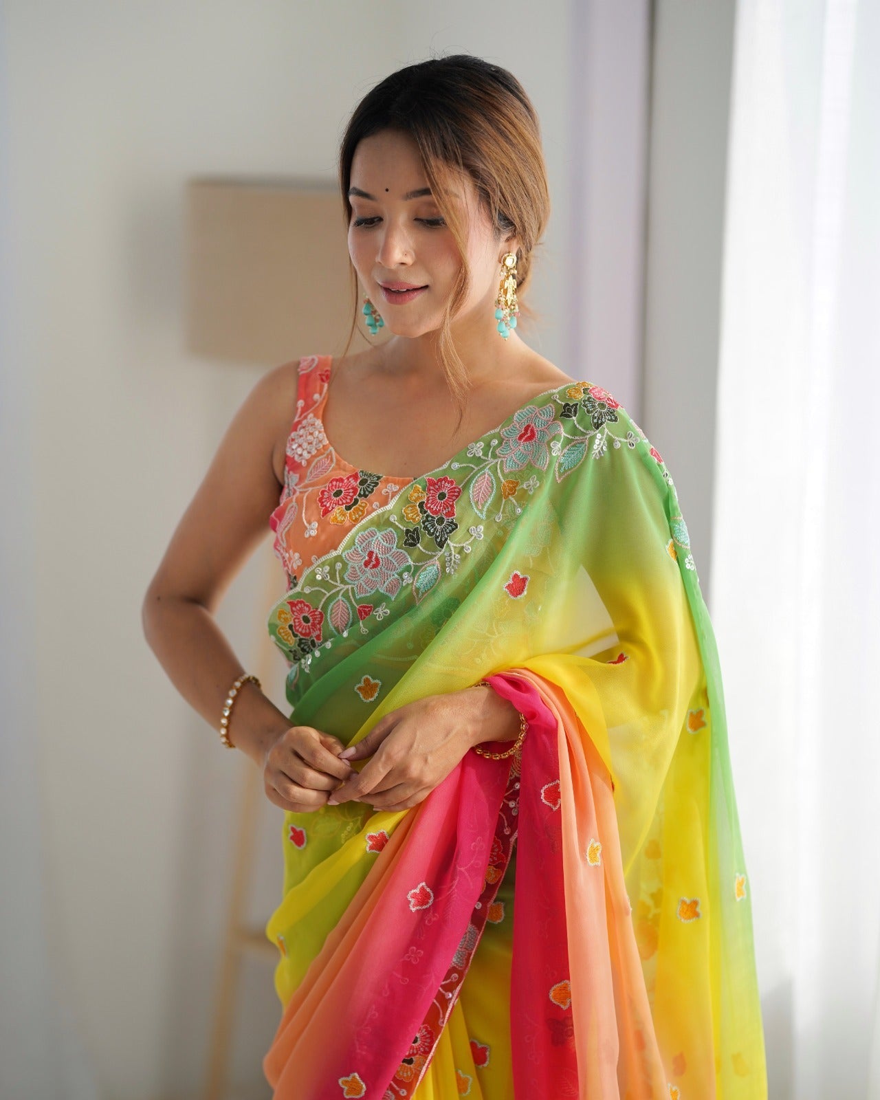 Yellow color georgette saree for women
