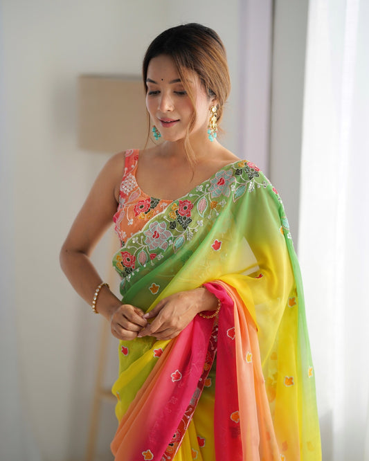 Yellow color georgette saree for women
