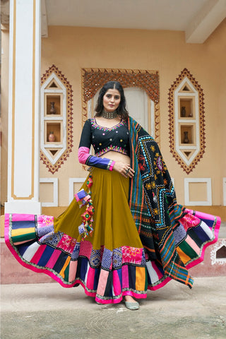 Stylish Green Stitched Cotton Lehenga Choli For Navratri Festival