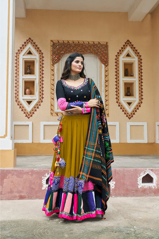 Stylish Green Stitched Cotton Lehenga Choli For Navratri Festival