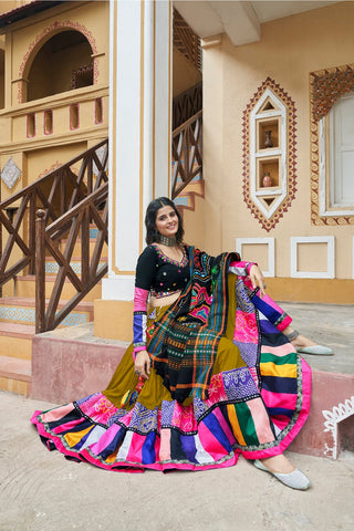 Stylish Green Stitched Cotton Lehenga Choli For Navratri Festival