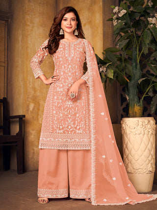 Peach color soft net sharara suit for women