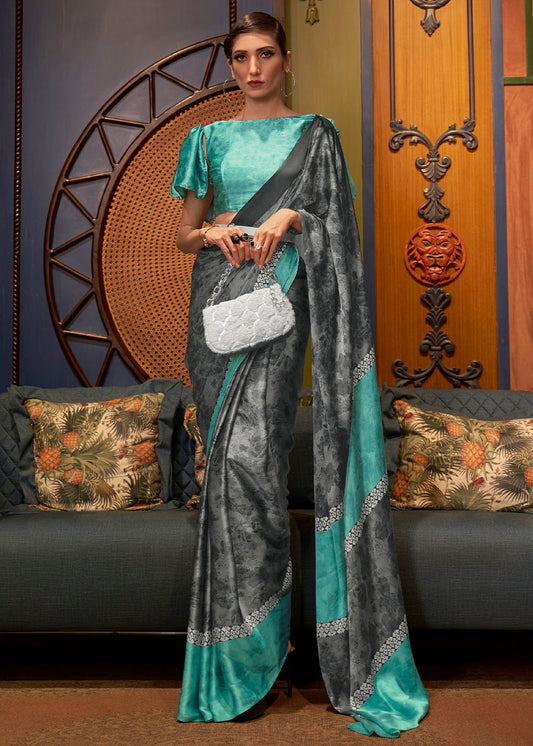 Grey color japan crepe saree for women with price
