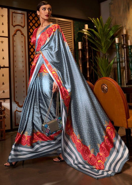Grey color japan crepe saree for women with price
