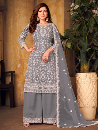 Grey color soft net sharara suit for women