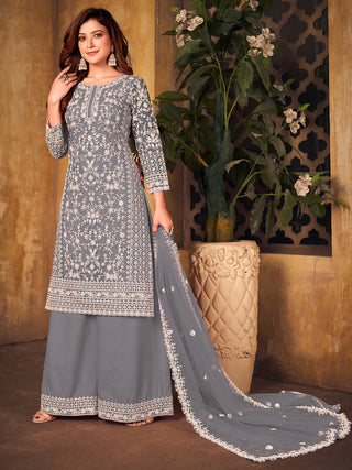 Grey color soft net sharara suit for women images