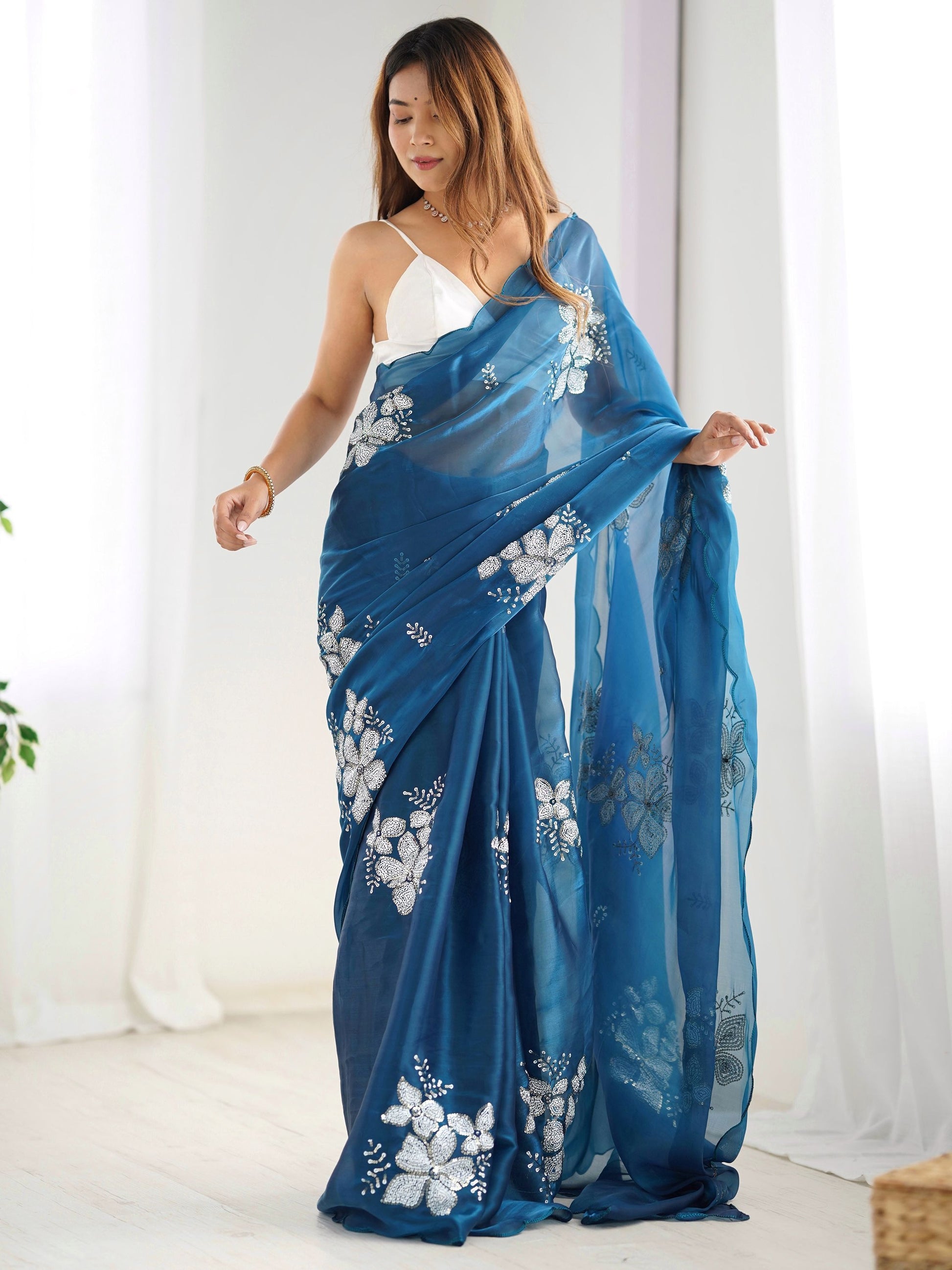 Blue color jimmy choo saree for women