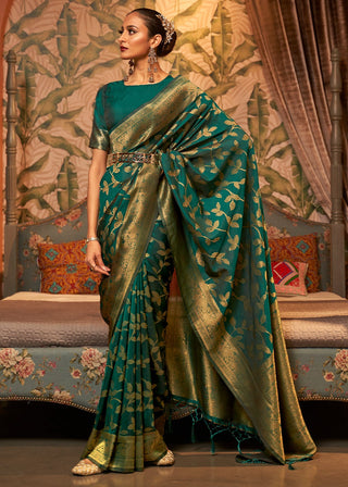 Exquisite Green Two Tone Banarasi Silk Wedding Saree with Blouse