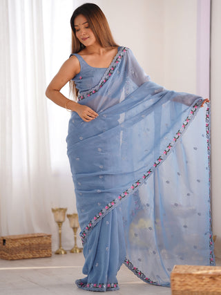 Pure sky color silk saree for women
