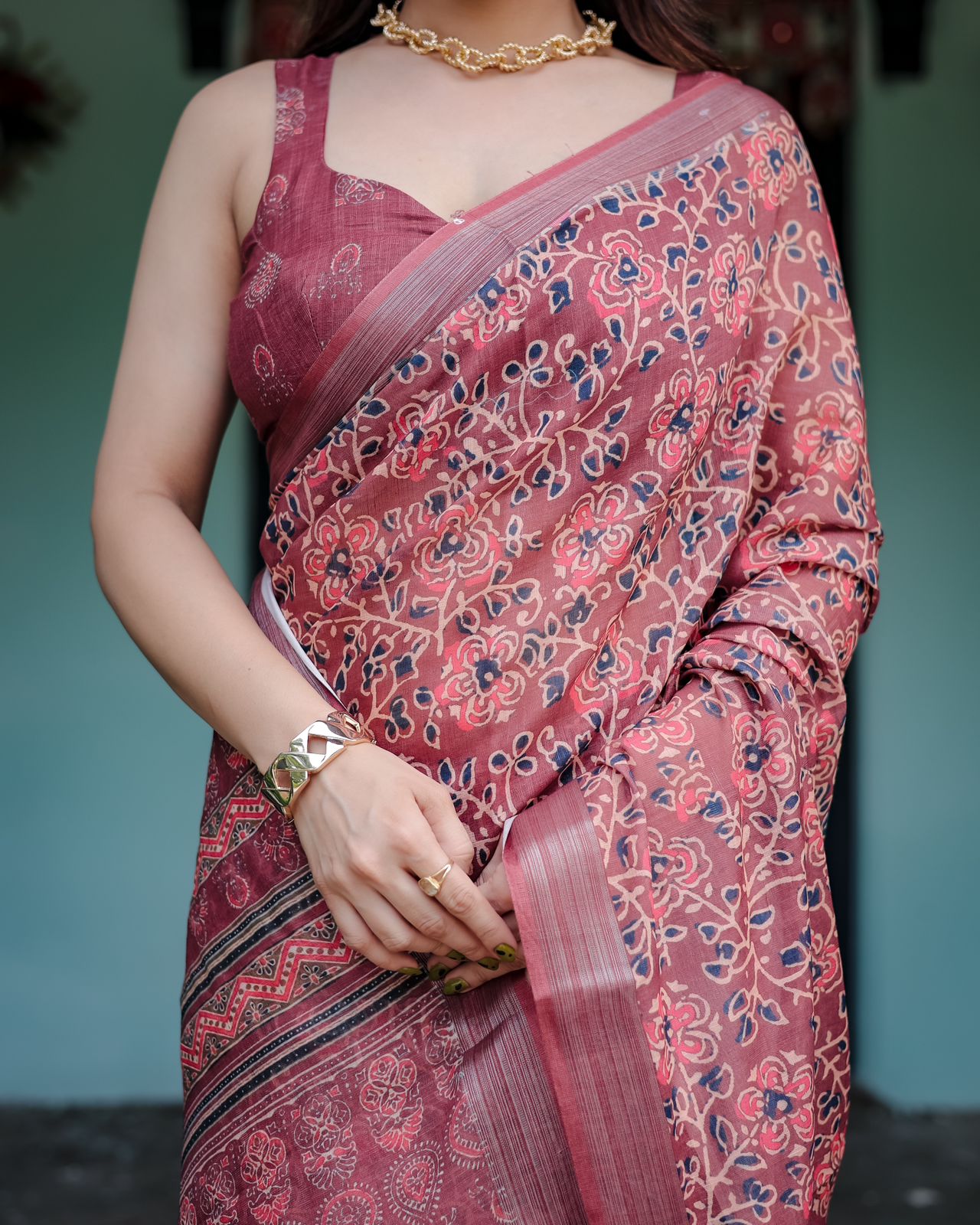 Maroon color linen printed saree with blouse online shopping