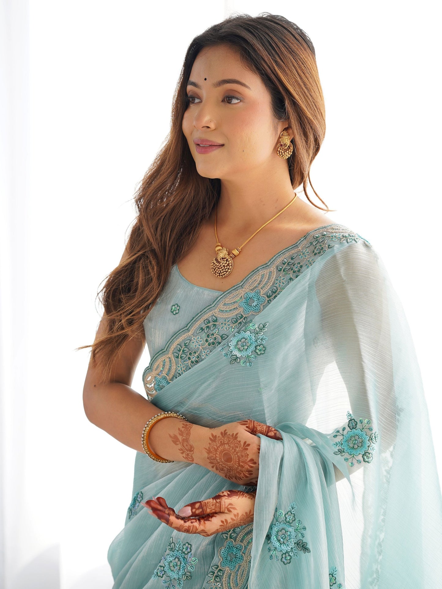 Sky blue color burberry saree design
