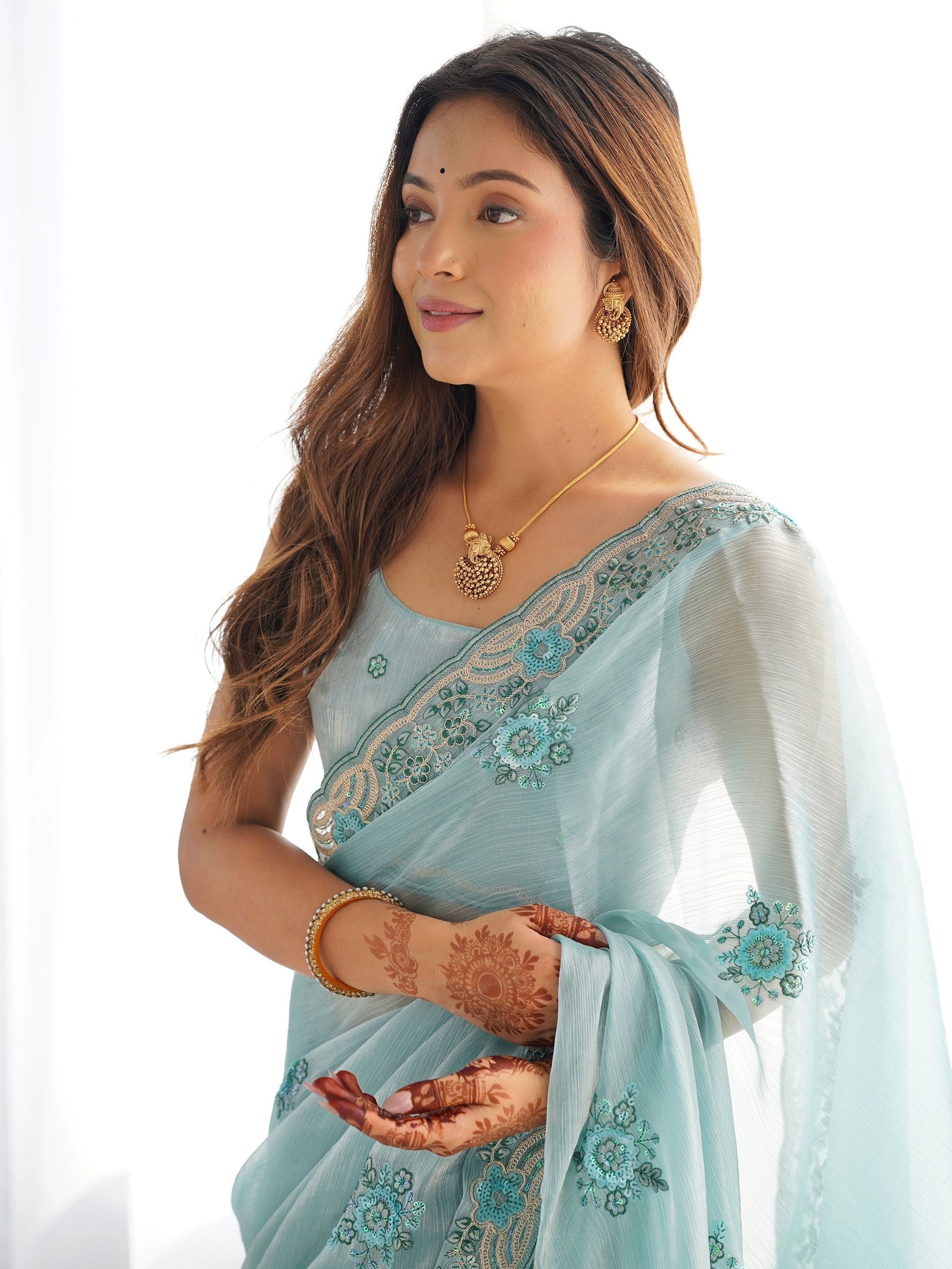 Sky blue color burberry saree design
