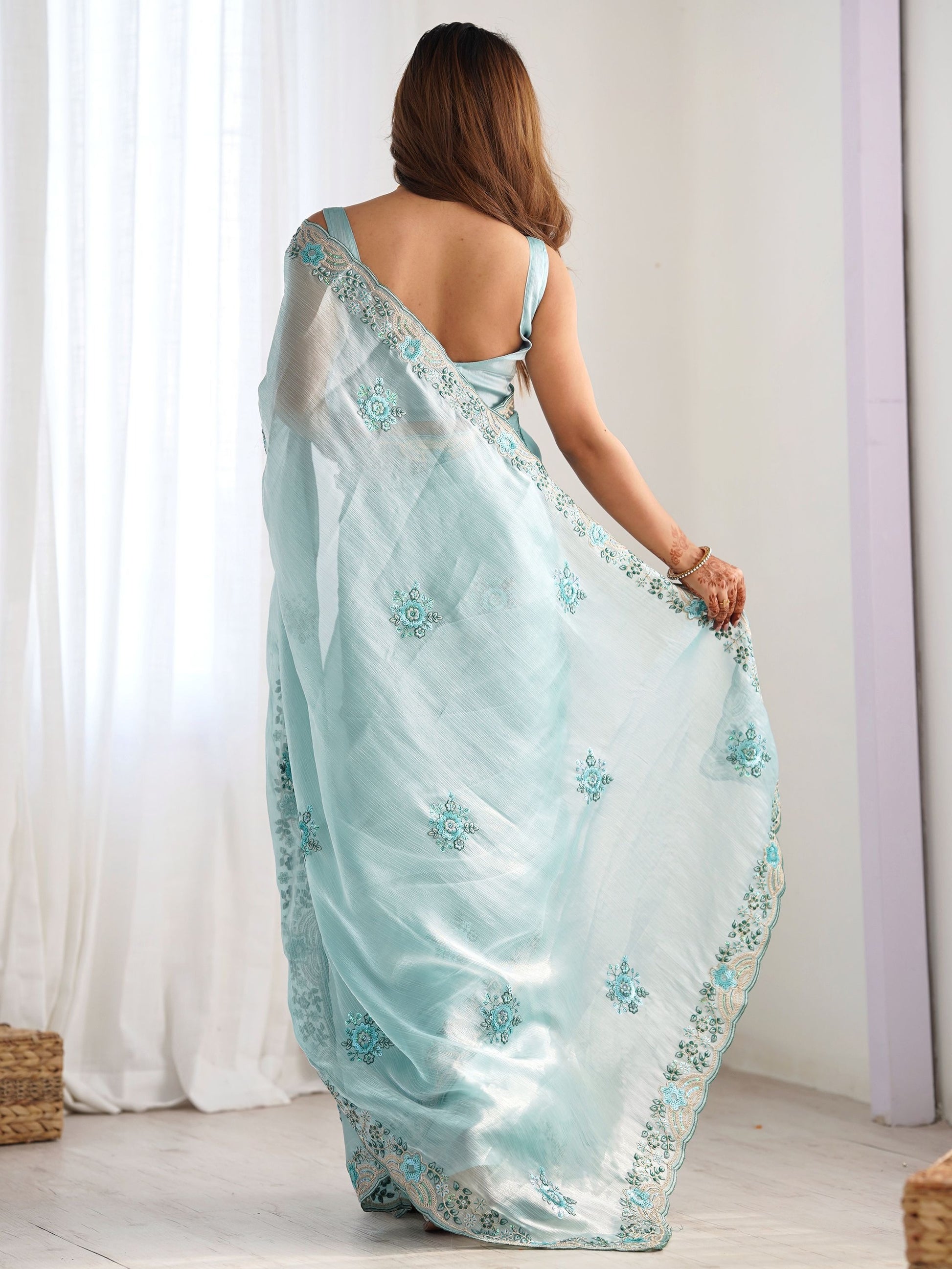 Sky blue Color burberry saree for party wear
