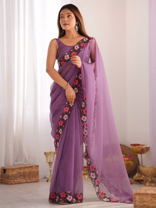 Lavender gold crush saree for women online
