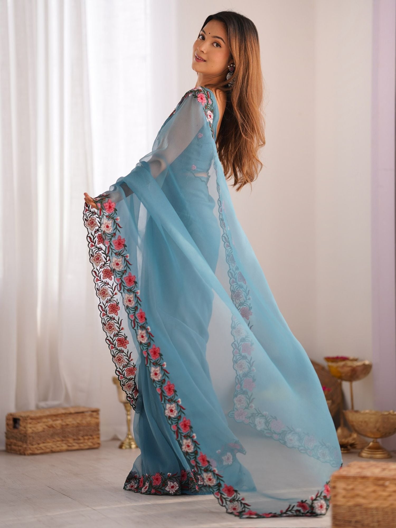 Sky blue gold crush saree images
