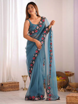 Sky blue gold crush saree for women online shopping
