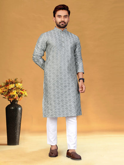 Grey color silk kurta pajama for wedding