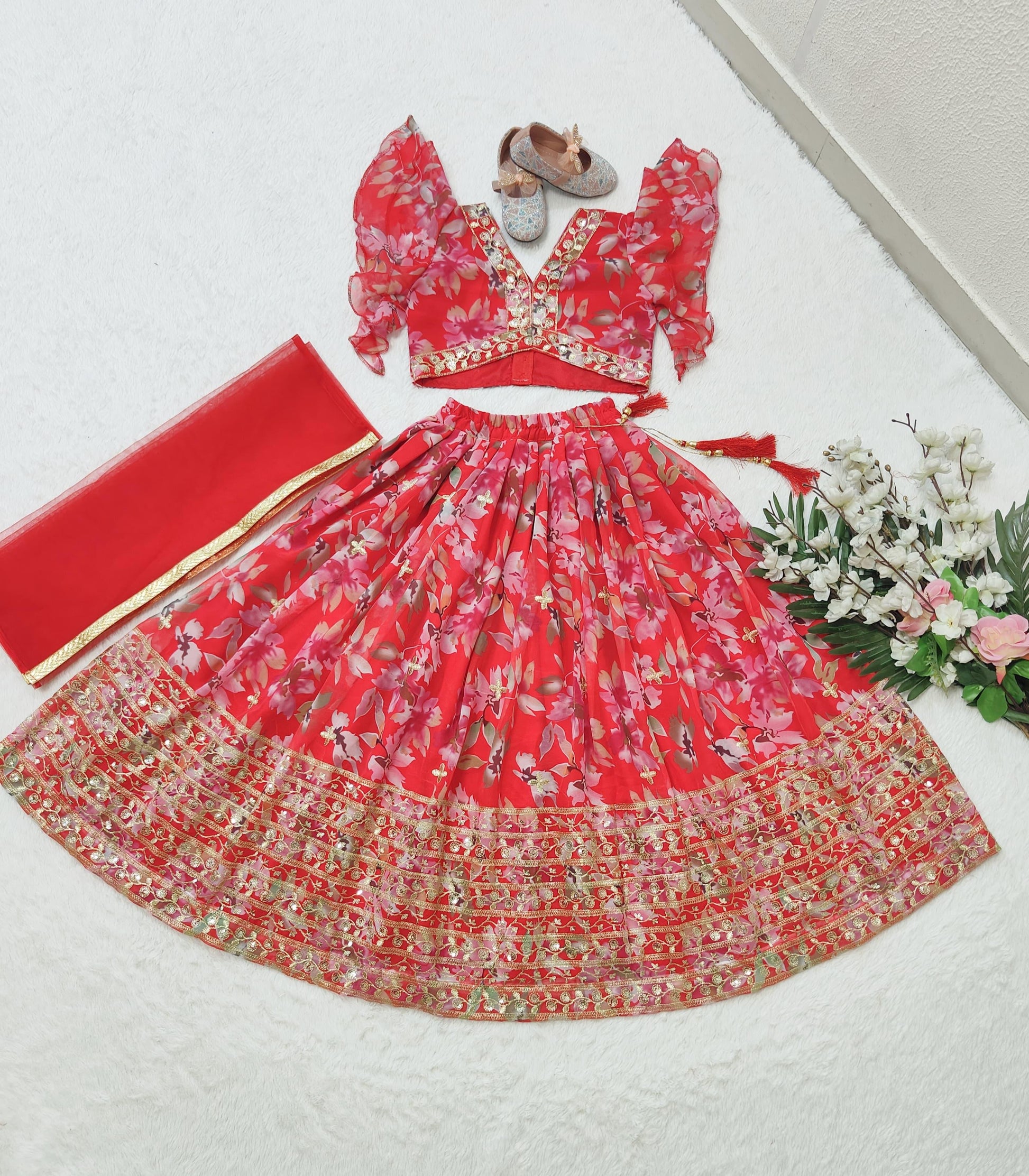 Red georgette lehenga choli for small girls online
