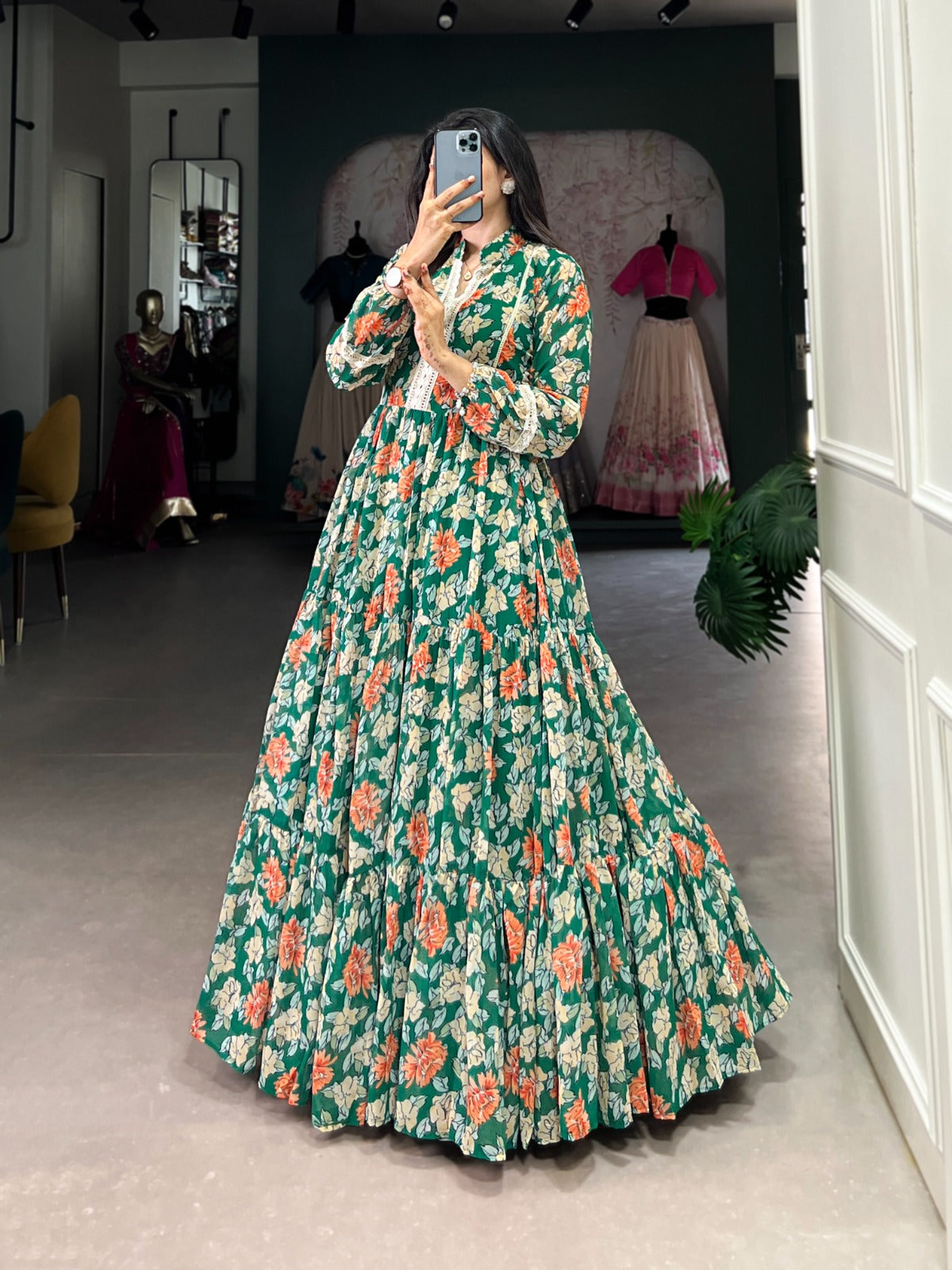Long green color georgette gown for women
