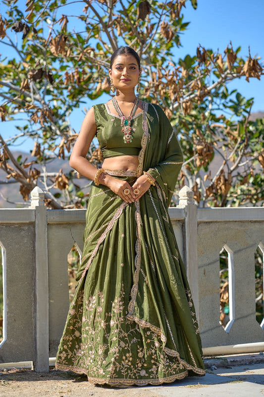 Mehendi color chinon lehenga choli for women