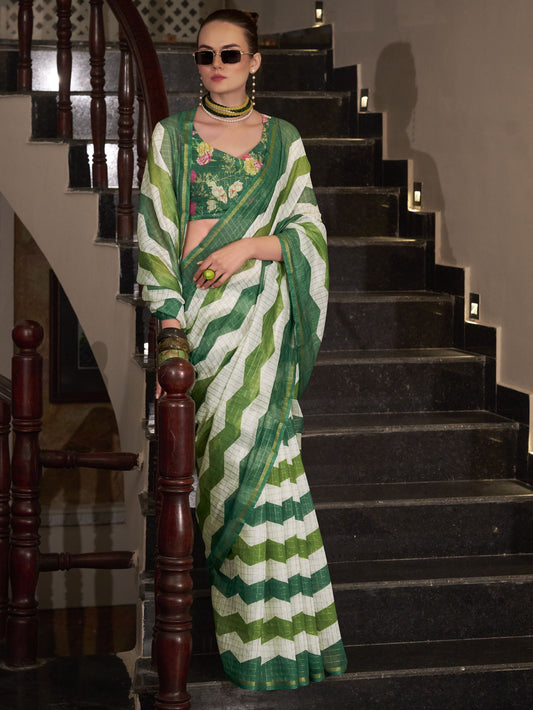 Green color linen weaving saree for women