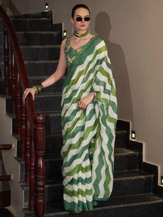 Green color linen weaving saree for wedding